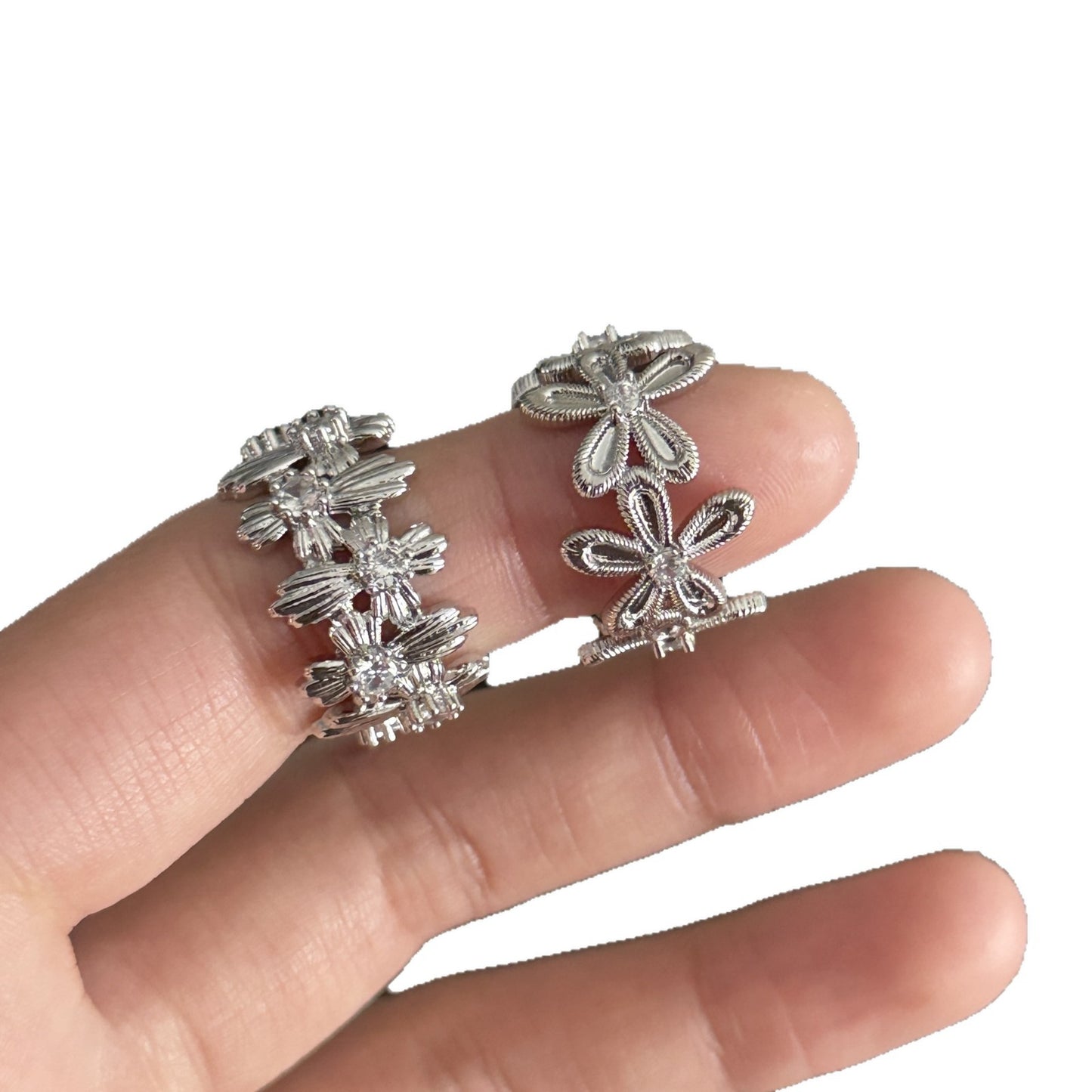 Women's Sier Flower Zircon Series Light Luxury Twin Ring