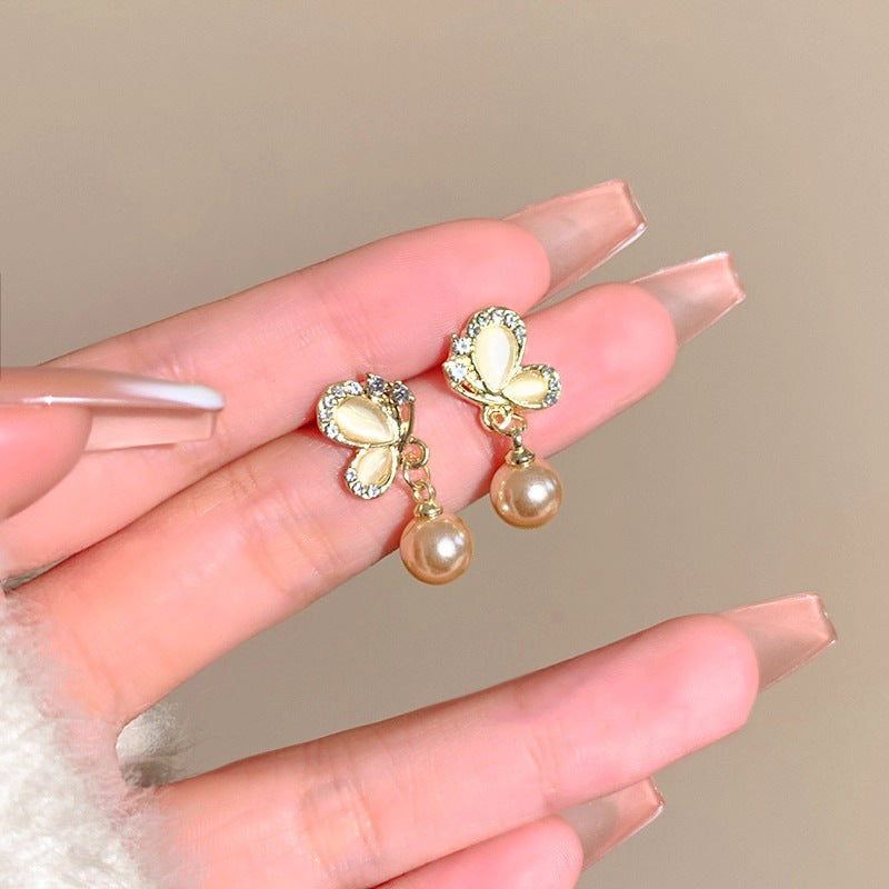 Women's Light Luxury Butterfly Champagne Pearl Summer Earrings