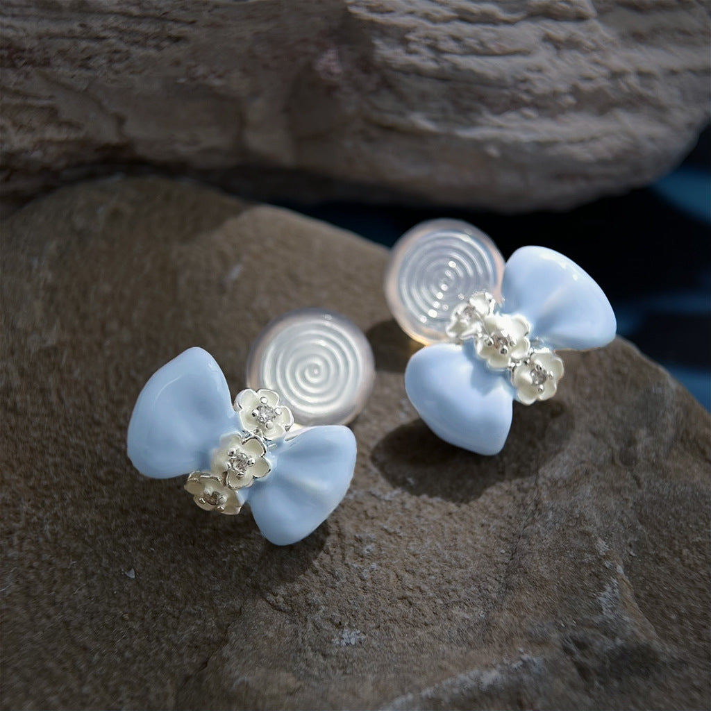 Milk Blue Drip Glazed Bow Flower Zircon Ear Earrings