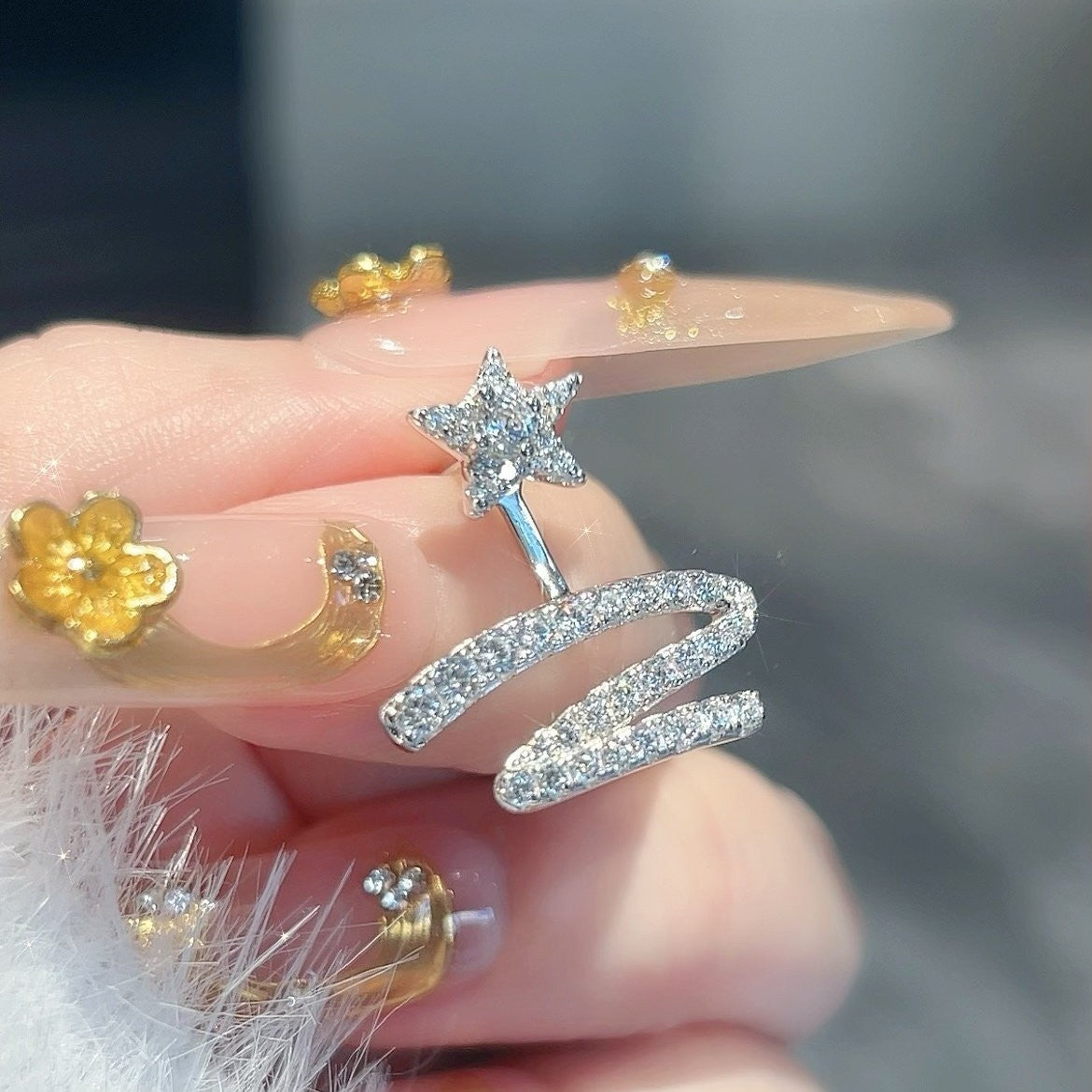 Star Ribbon Meteor Female Light Luxury Asterism Eardrops Sier Rings