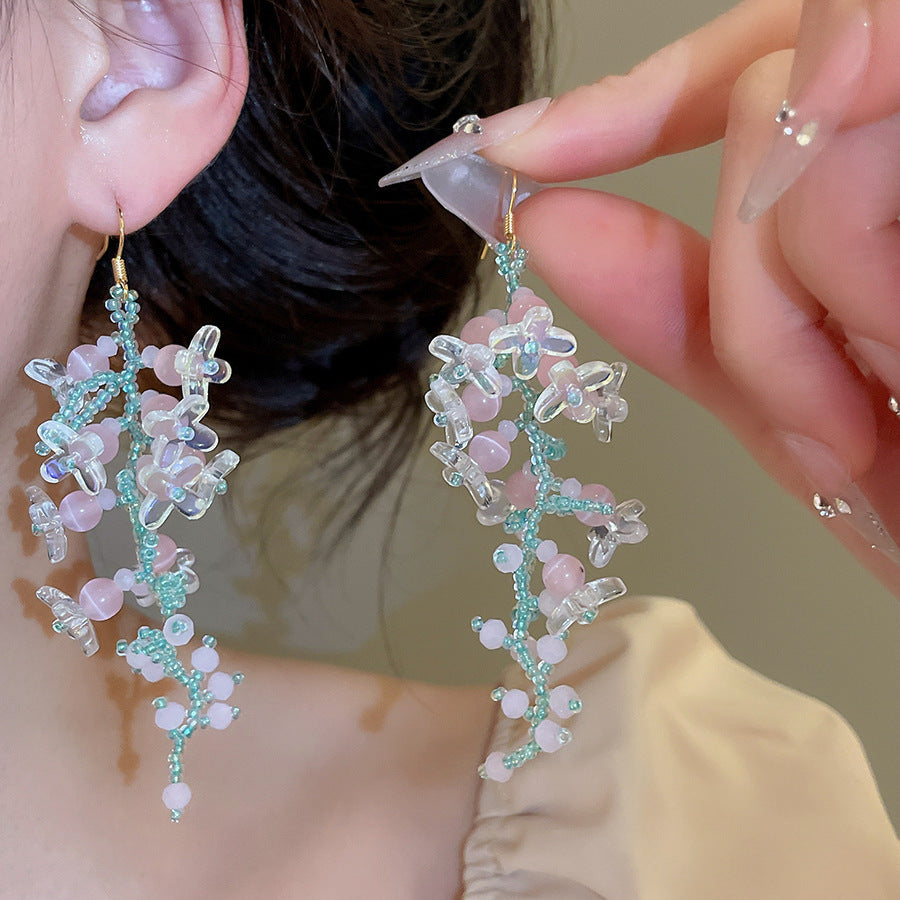 Women's Bead Flower Tassel Light Luxury High-grade Vacation Style Earrings