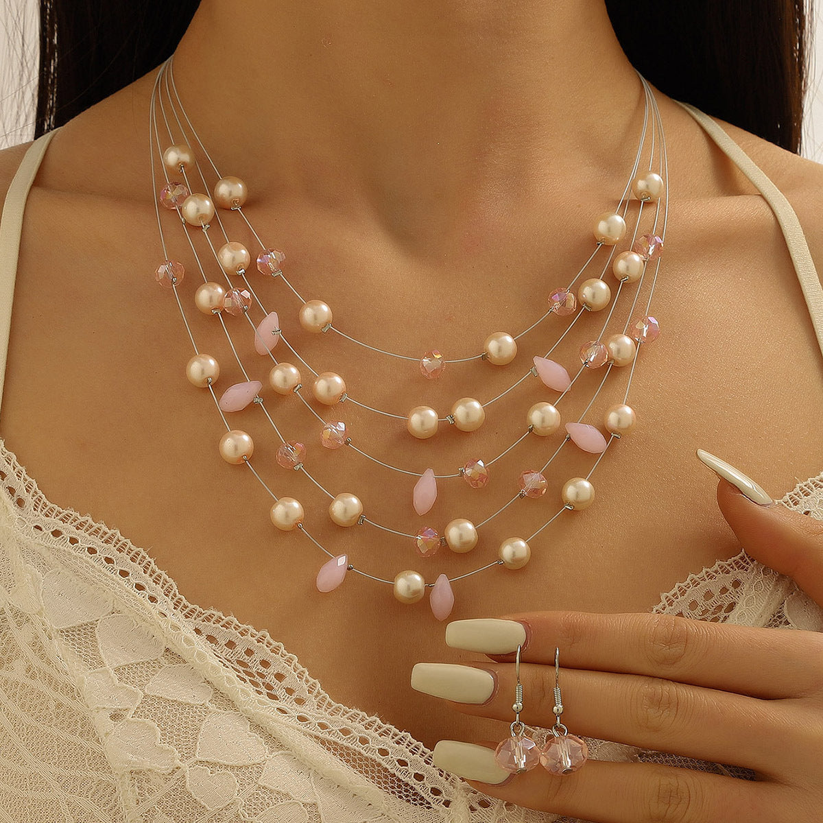 Women's Fashion Style Korean Love Pink Beaded Simple Graceful Jewelry Set