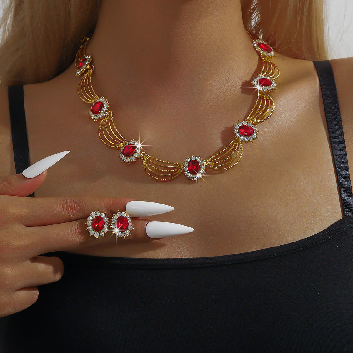 Black Onyx Ear Light Luxury Elegant Clavicle Jewelry Set