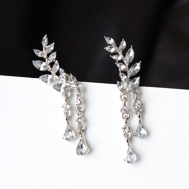 Sweet Rhinestone Popular Leaves Tassel Crystal Earrings