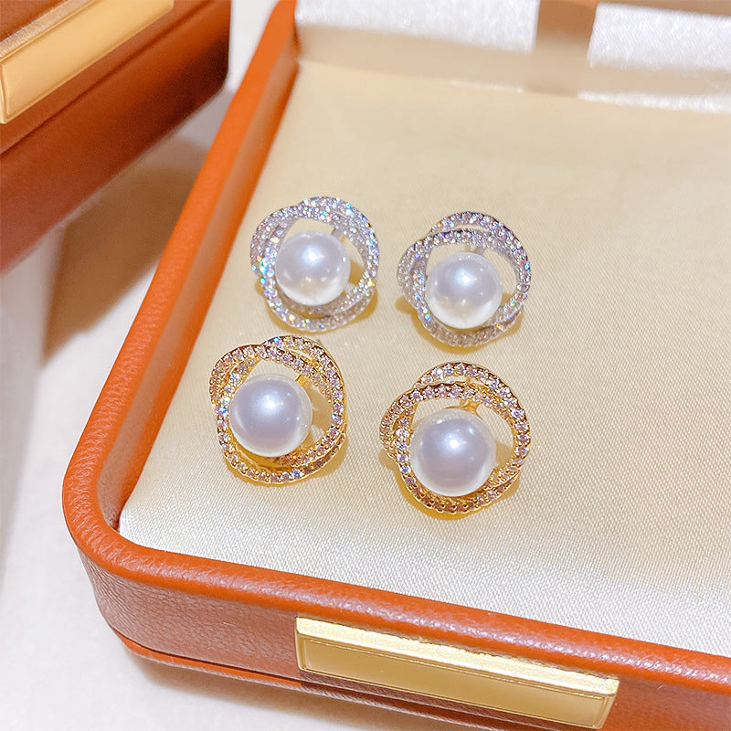 Spiral Pearl Female Niche High-grade Sterling Sier Needle Light Earrings