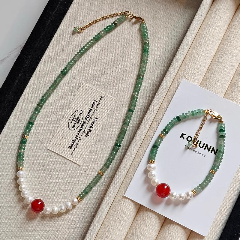 Women's Pearl Aventurine Beaded For Red Agate Necklaces