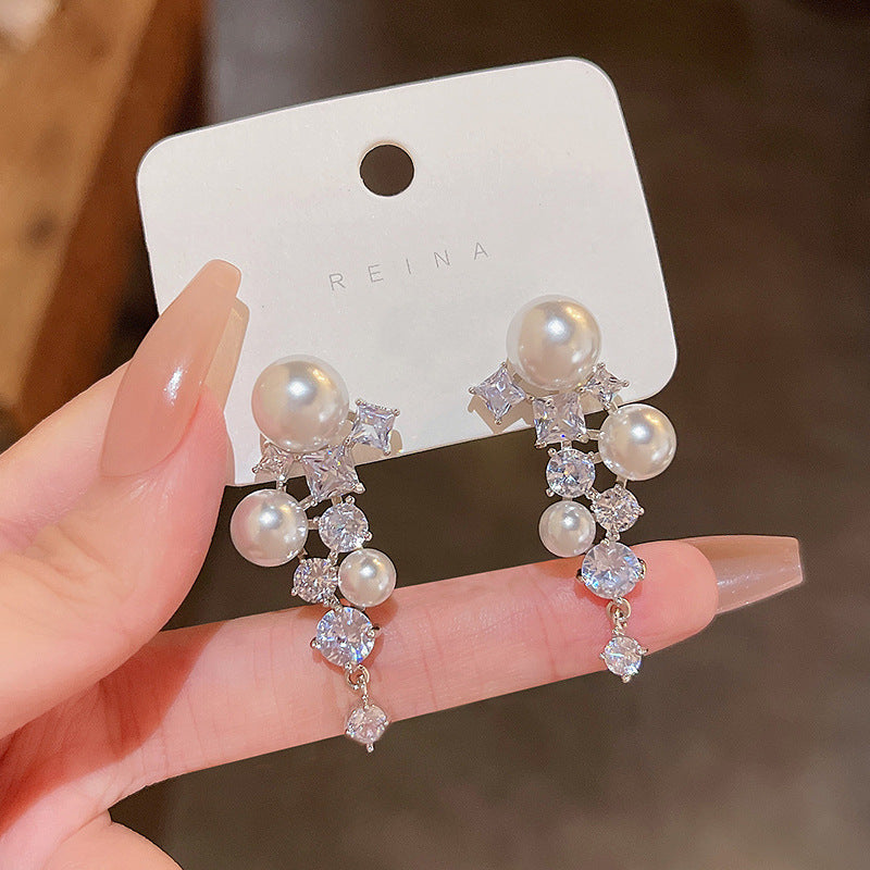 Sier Needle Zircon Pearl Advanced Fashion Bowknot Retro Earrings