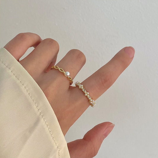 Rhinestone Pearl Round Beads Hollow Chain Rings