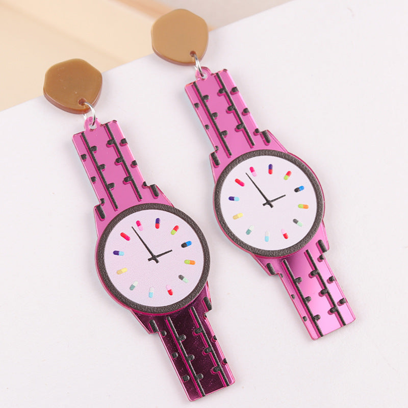 Women's Long Creative Color Mirror Watch Acrylic Earrings