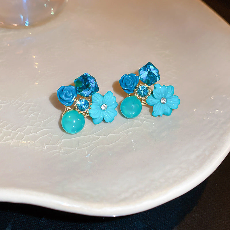 Blue Crystal Butterfly Flower Fashion Simple Fresh Light Luxury High Earrings