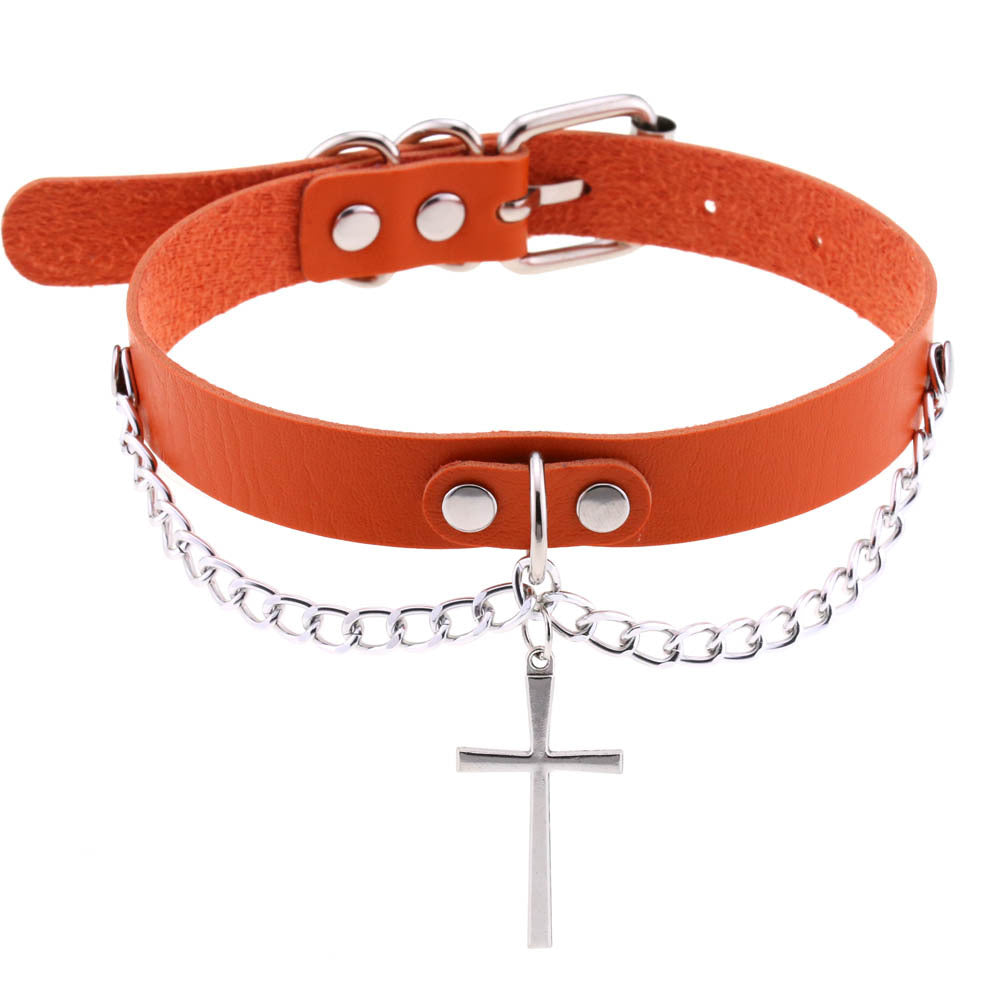 Leather Chain Cross Clavicle Classic Neckband Collar