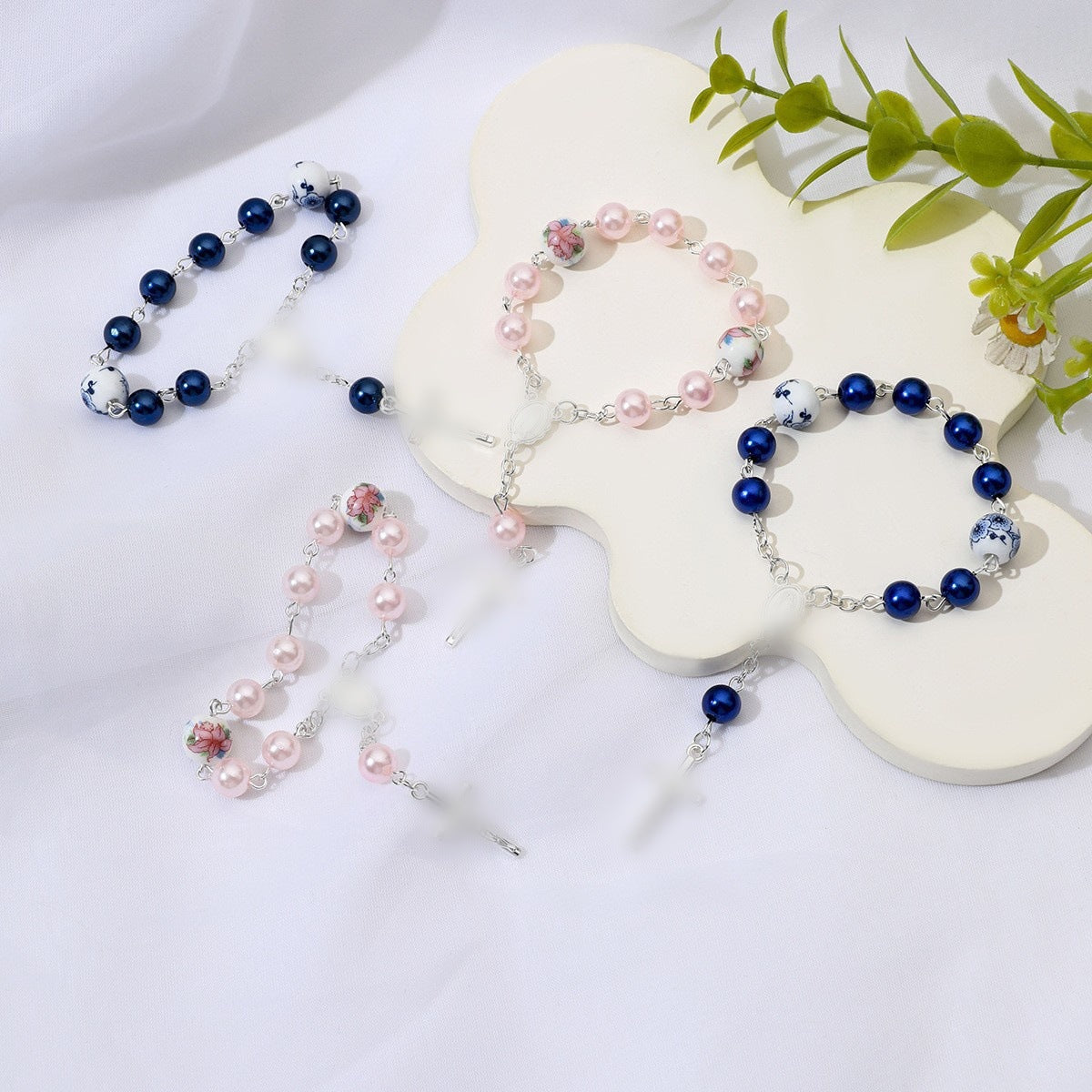 Women's & Men's Ceramic Flower Gift Cross Baptism Communion Bracelet