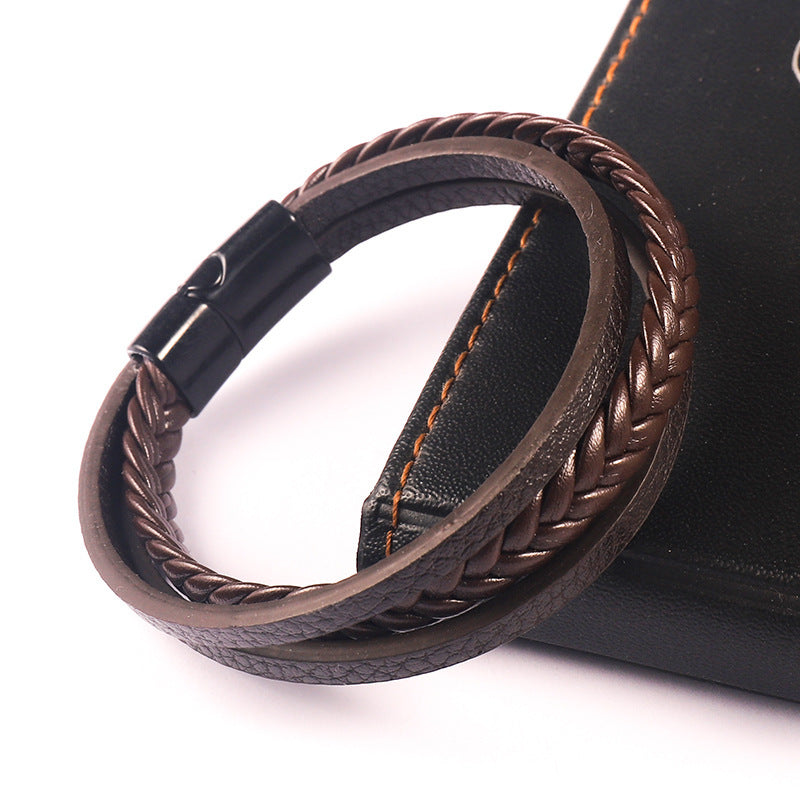 Men's Vintage Cattle Leather Alloy Woven Brace Bracelet