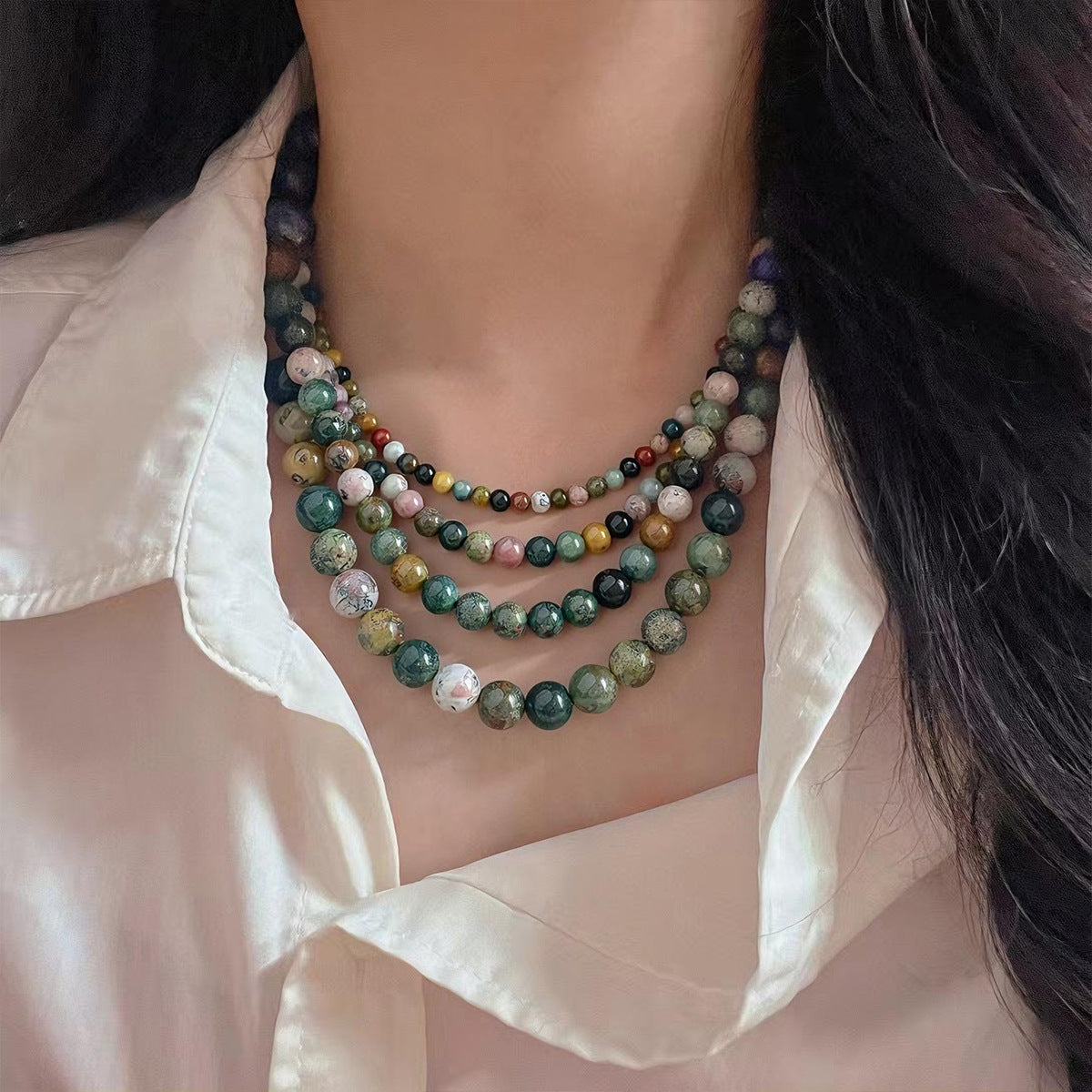 Women's Bohemian Colorful Natural Stone Beaded Twin Necklace