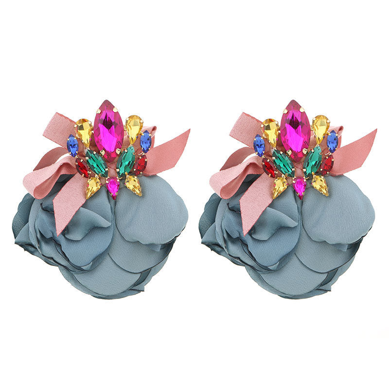 Handmade Fabric Crystal Flower Fashion Exaggerating Eardrops Earrings