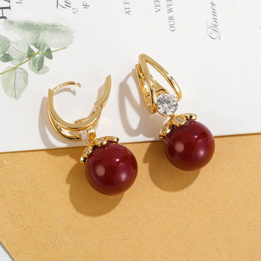 Retro High Sense Wine Red Pearl Ear Rings