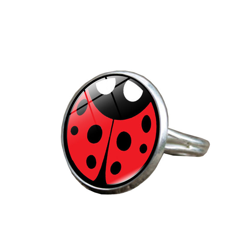 Round Polka Dot Time Stone Cartoon Anime Ladybug Brush Printed Ring