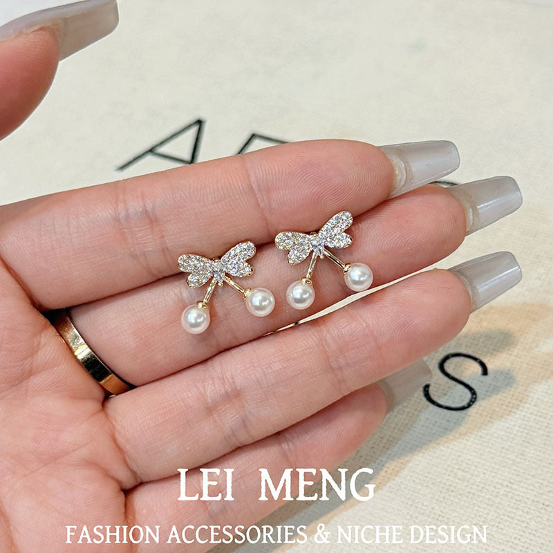 Micro Inlaid Zircon Bowknot Pearl Super Simple Stud Earrings
