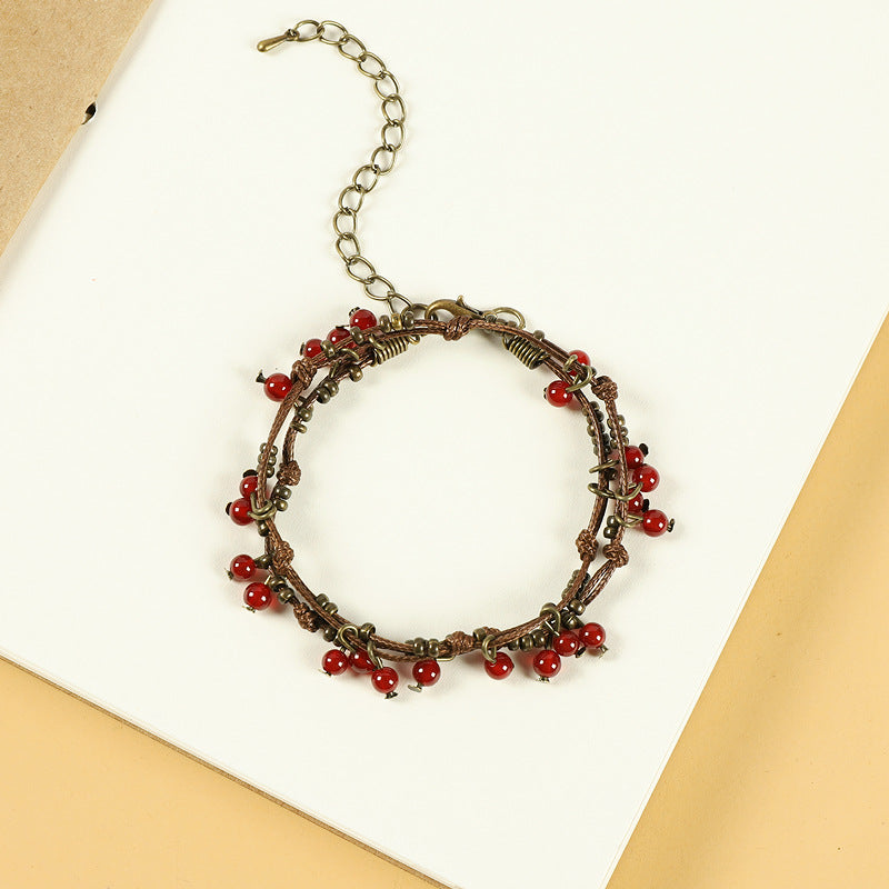 Braided Rope Retro Mori Style Cherry Female Artistic Ethnic Bracelet