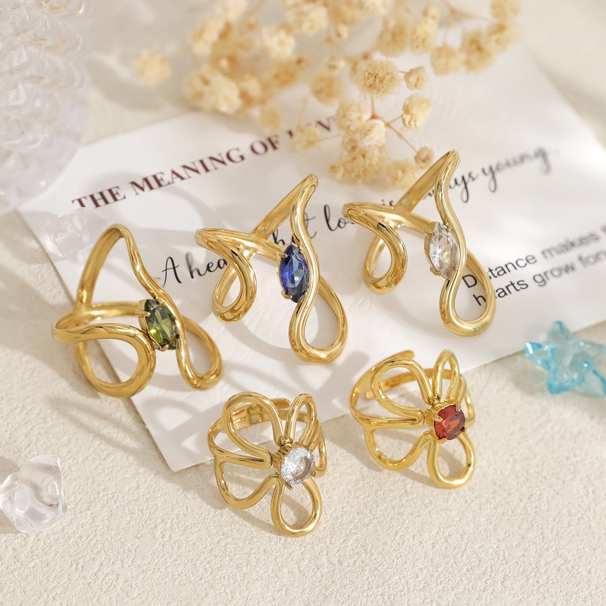 Wind Wild Stainless Steel Flower Zircon Hollow Line Ring