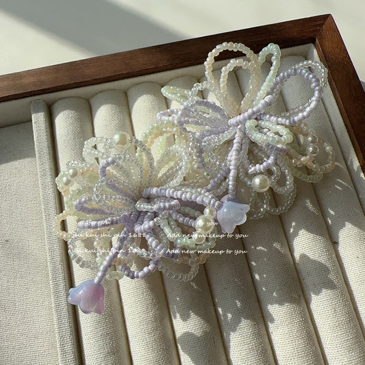 Women's Milk Taro Purple Cream Beaded Flower Exquisite Contrast Color Holiday Rings