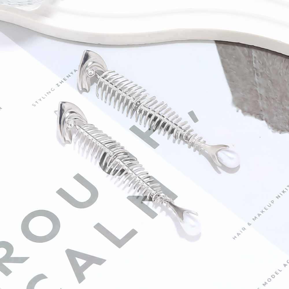 Long Alloy Fishbone Stitching Imitation Pearl Eardrops Design Sense Marine Rings