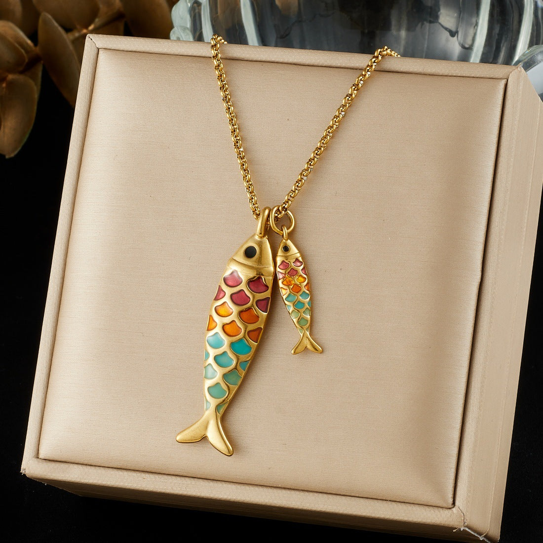 Cartoon Colorful Oil Good Luck Koi Small Fish Gold-plated Stainless Necklace