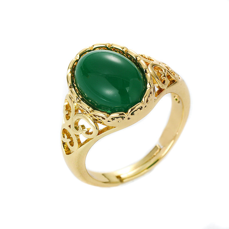 Women's Ethnic Style Grandmother Imitation Green Chalcedony Open Red Agate Rings