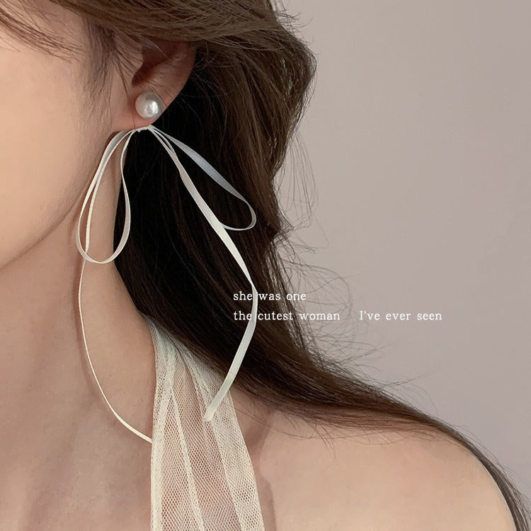 Bow Tassel Pearl Long Girly Simplicity Earrings