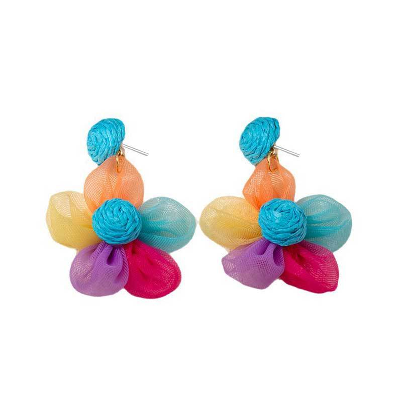Super Fairy Dopamine Color Organza Raffia Flower Female Sweet Fresh Earrings