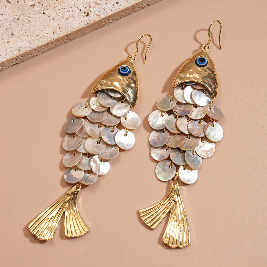 Women's Fish-shaped Shell Tassel Ear Hook Seaside Earrings