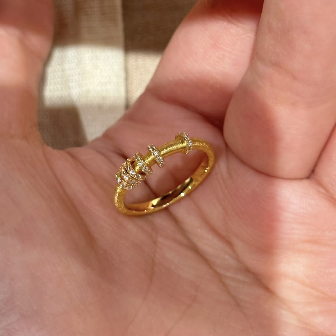 Interlocked Italian Craft Brushed Spot Drill Gold Flexible Female Light Rings