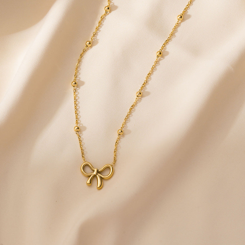 Titanium Steel Design Cute Hollow Bow Female Necklace