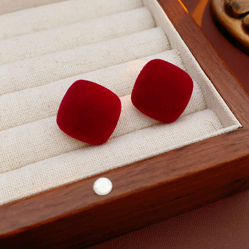 Women's Sier Needle Red Geometric Ear Korean Earrings