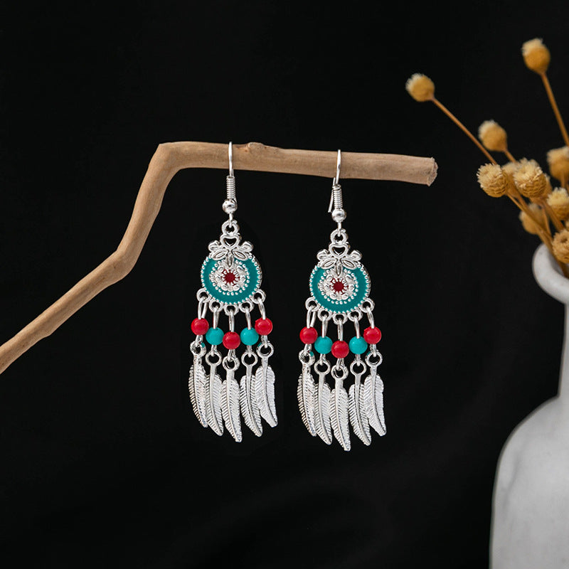 Miao Sier Colorful Long Feather Tassel Rings