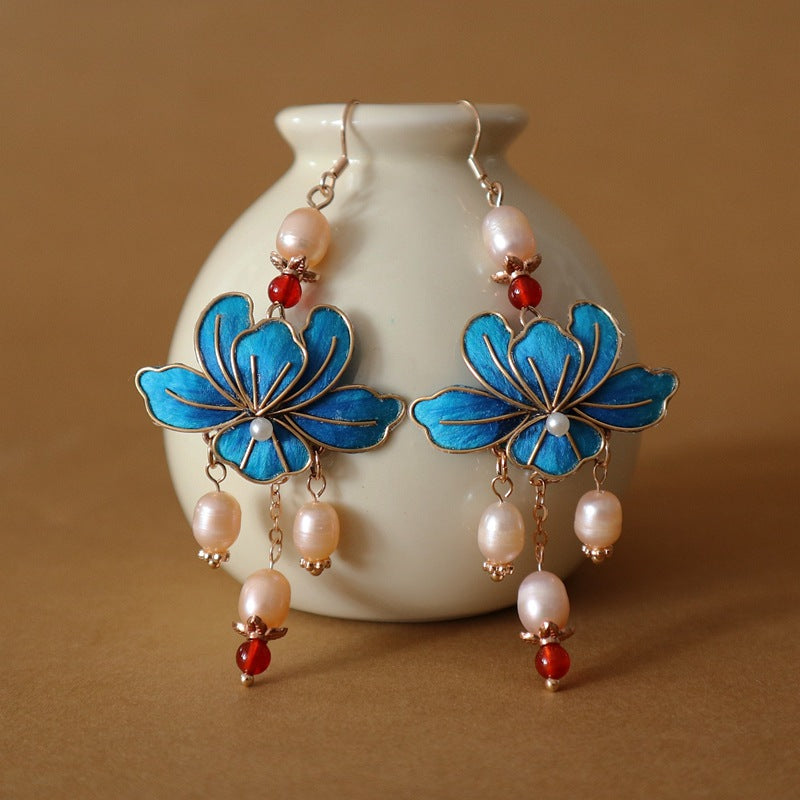 Gradient Color Veet Flower Chinese Style Skirt Petals Fresh Water Earrings