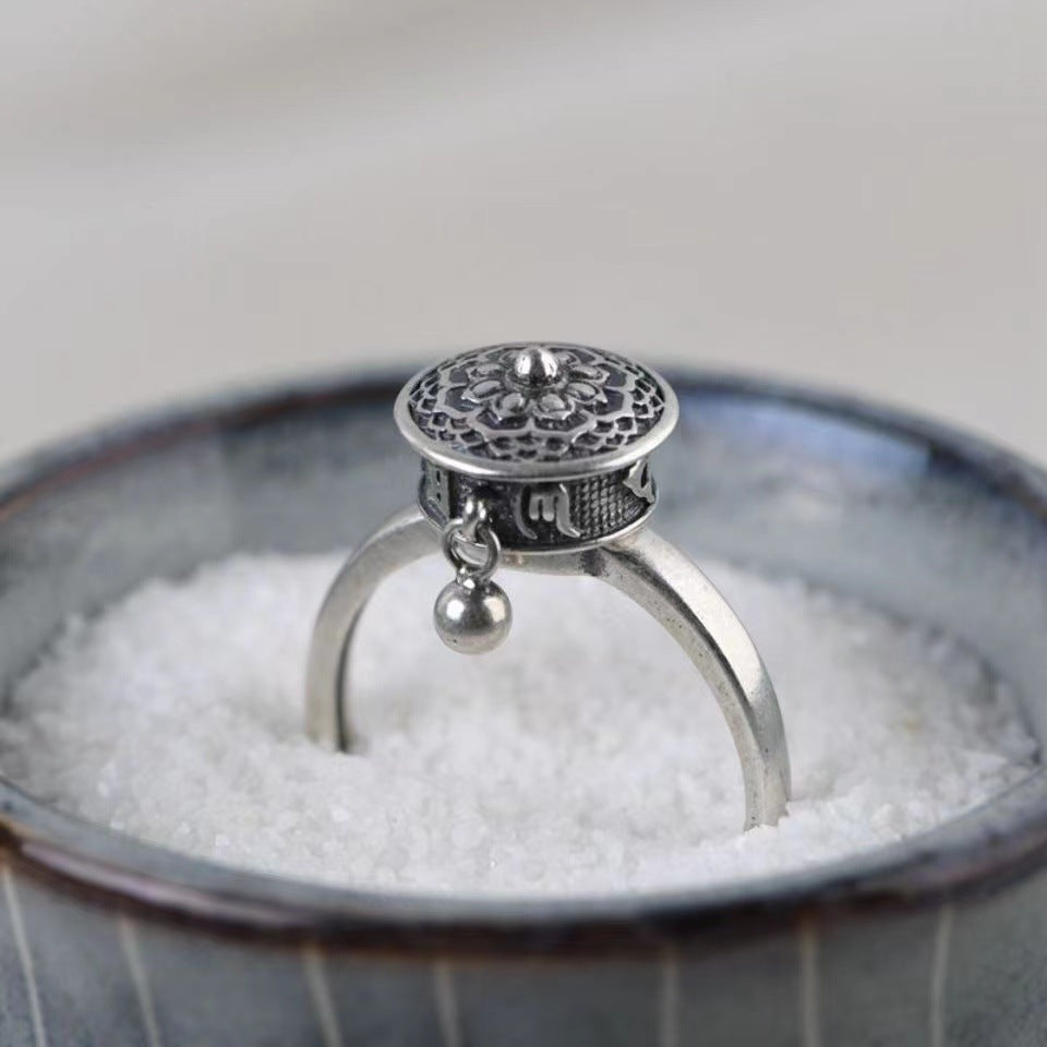 Women's Sier Six Words Mantra Heart Sutra Rotating Open Mouth Rings
