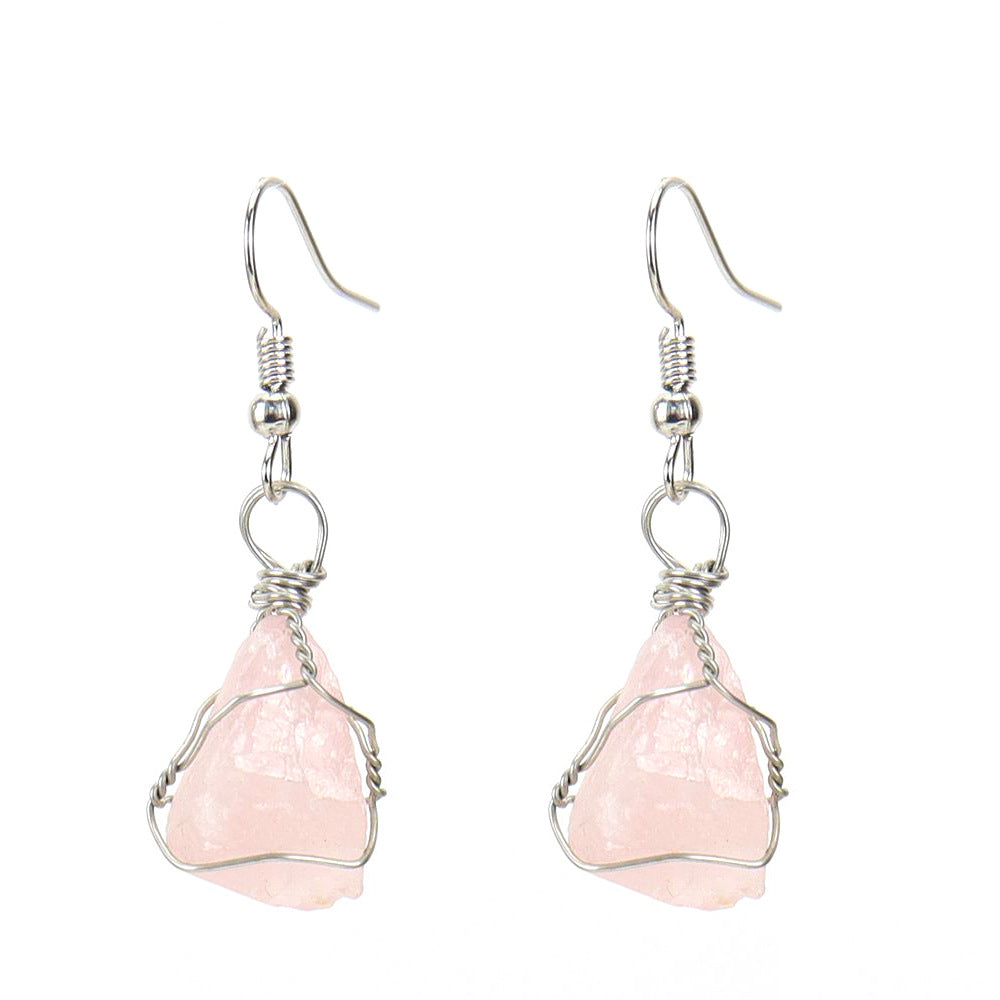Women's Handmade Sier Winding Natural Stone Rough Crystal Agate Earrings