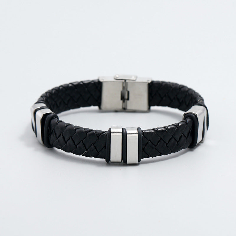 Men's Simple Woven Stainless Steel Leather Fashion Bracelet