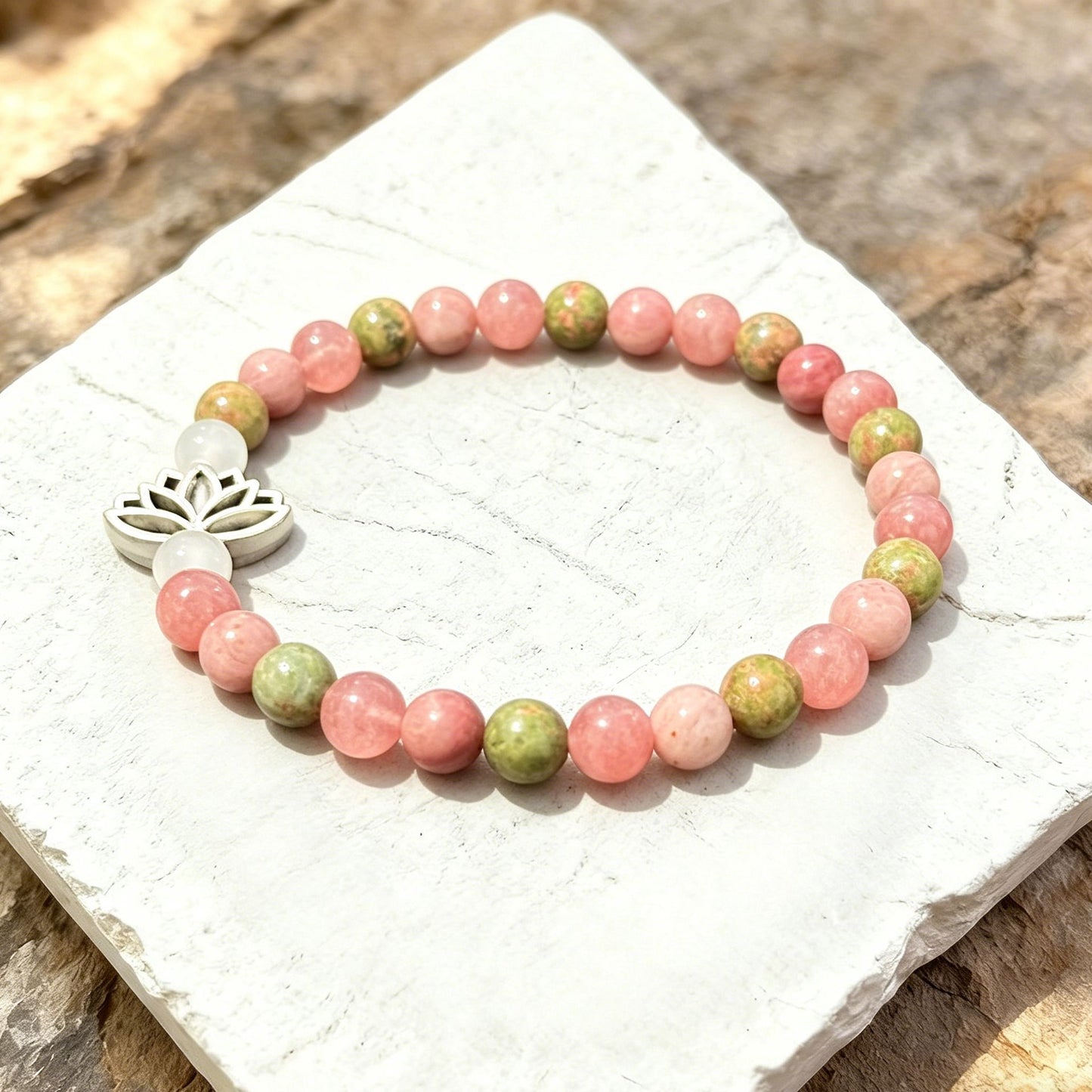 Women's Pink Crystal Natural Stone Seven Veins Lotus Bracelet
