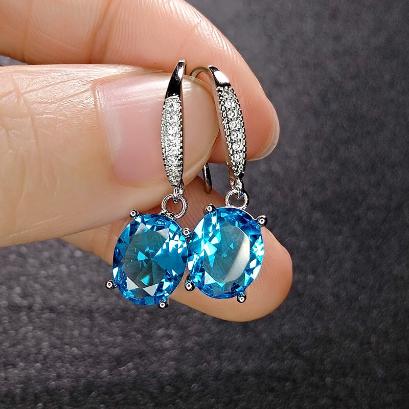 Aquamarine Stone Temperament Egg-shaped Sapphire Inlaid Ear Hook