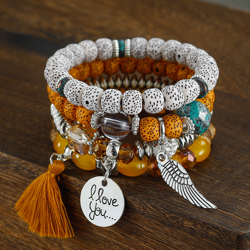 Combination Buddha Beads Simple Disc Heart Wings Tassel Bracelet