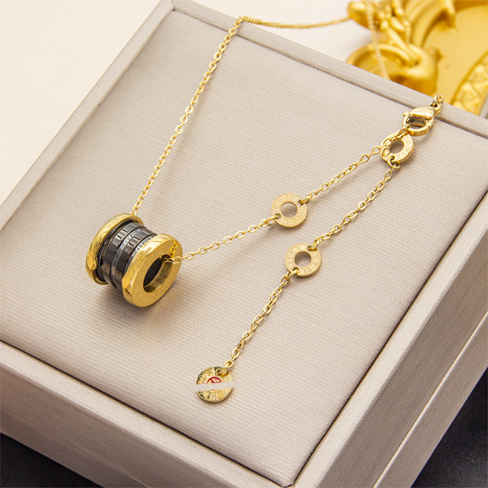 Women's & Men's Black White Simple Roman Digital Gold-plated Spring Cylinder Necklaces