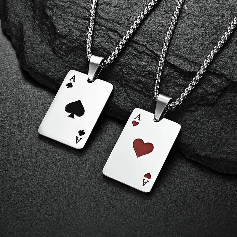 People Personality Red Peach Playing Card Tide Titanium Necklace