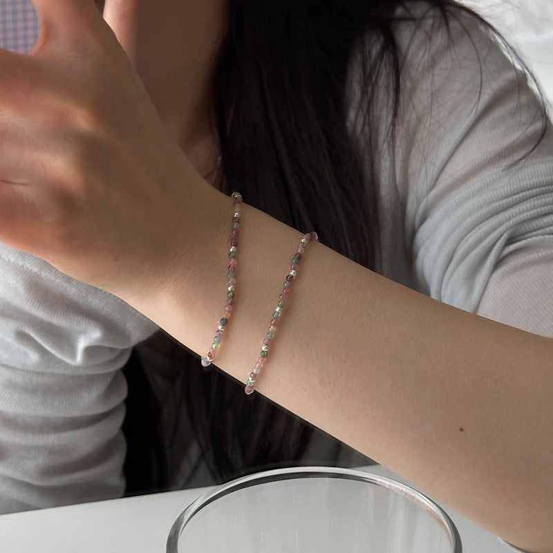 Women's Sterling Sier Color Tourmaline Sliver Beads Simple Chinese Design Bracelet