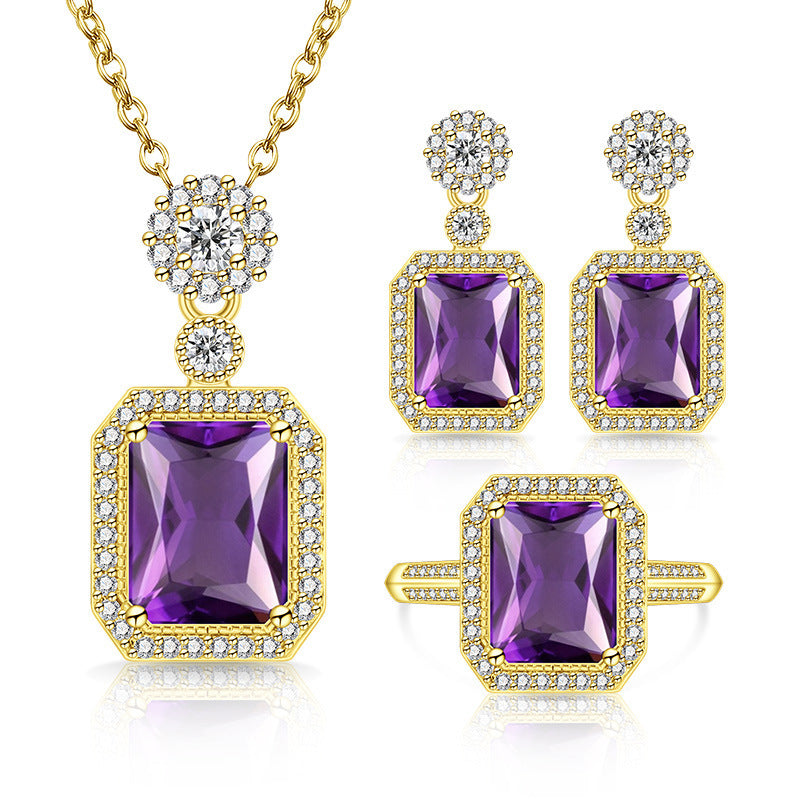 Women's Live Broadcast Eight Hearts Arrows Colored Gems Full Diamond Cube Jewelry Set