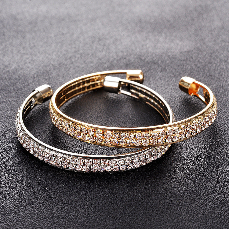 Women's High Quality Popular Rose Gold Sier Diamond 2 Rows Open-ended Bracelets