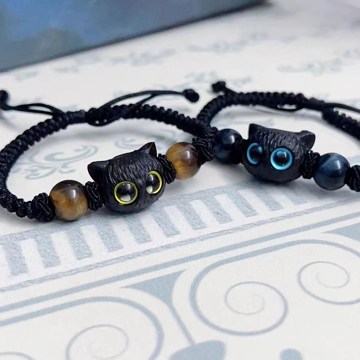 Women's & Men's Kitty Couple Pair Of Imitation Wood Crystal Bracelets