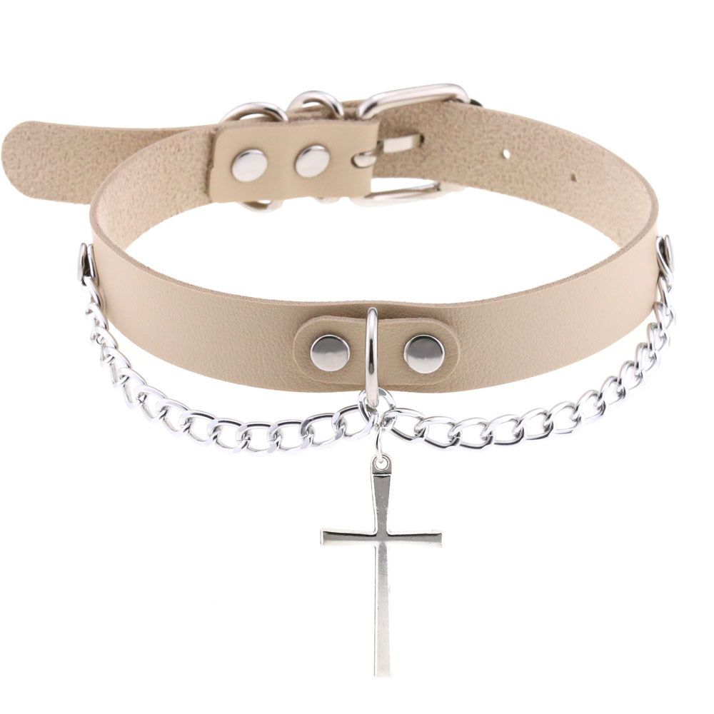 Leather Chain Cross Clavicle Classic Neckband Collar