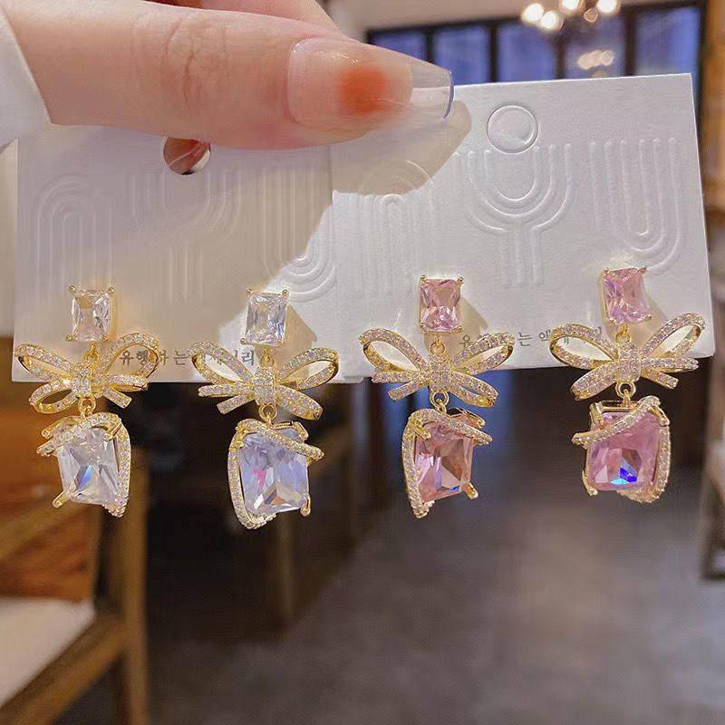 Women's Zircon Bowknot Square Niche Design Temperament Personalized Earrings